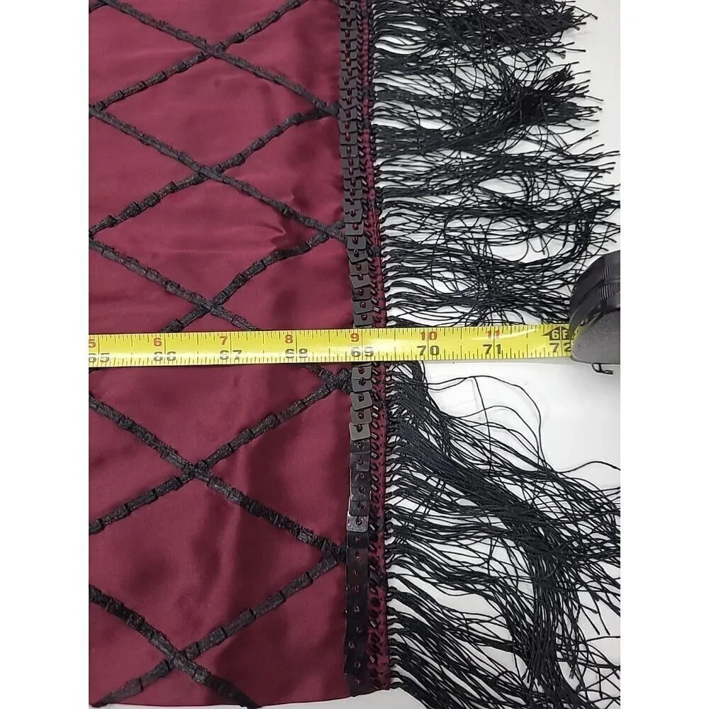 Chico's 100% Silk Wrap Scarf Elegant Beading and Tassels Black and Maroon